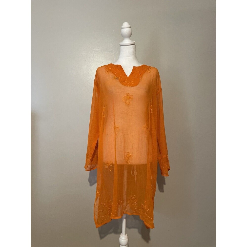 REVUE XL Orange Embroidered Beaded Tunic Top Sheer Bohemian Cover-up